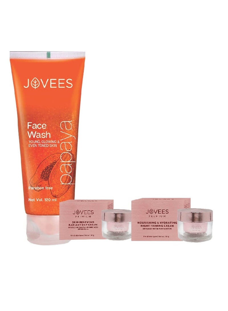 Jovees Herbal Papaya facewash 120ml, Skin Renewing Radiant Day Cream 50g, Nourishing & Hydrating Night Firming Cream 50g Combo For Full Day Skin Care (Set of 3) - Image 1